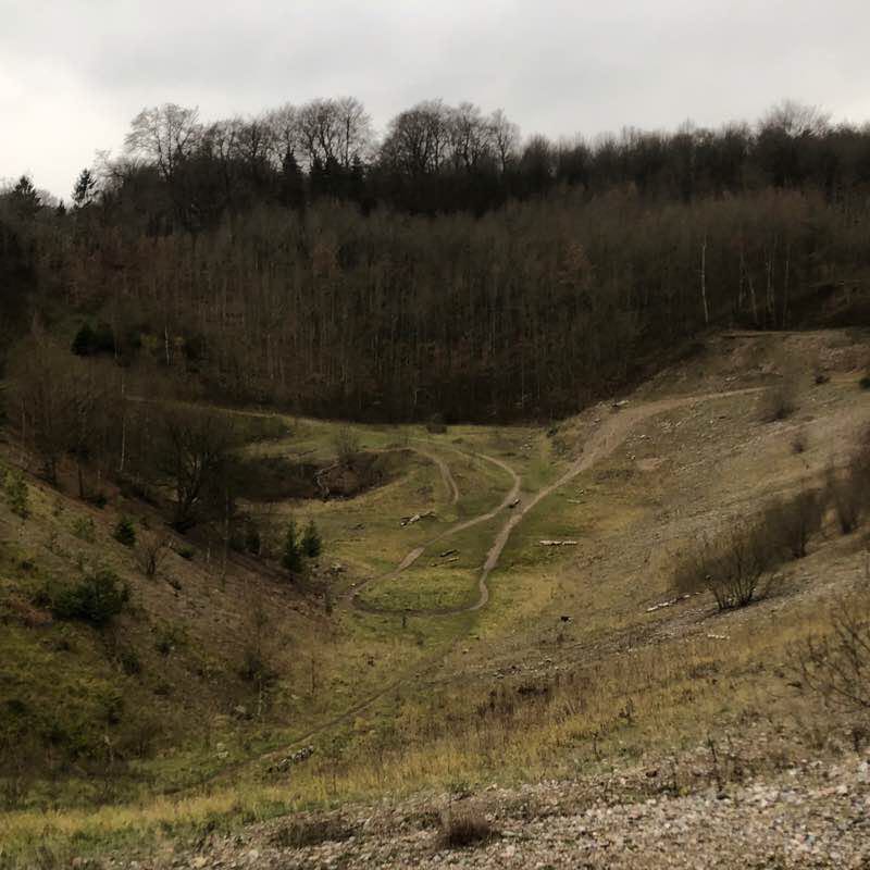 Island trail, Hallind forrest. Hills, forrest, mud walking route map in Skårup Fyn
