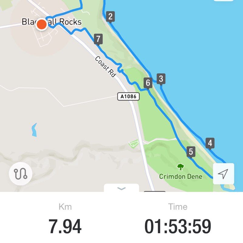 Beach walk walking route map in Blackhall Colliery