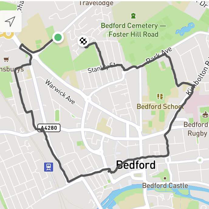 City walk walking route map in Bedford