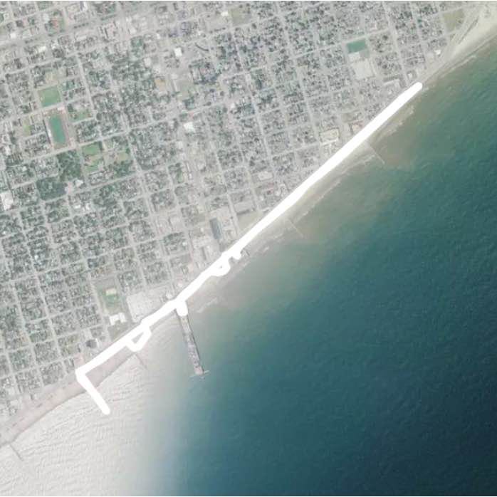 Foggy Seawall Stroll walking route map in Galveston
