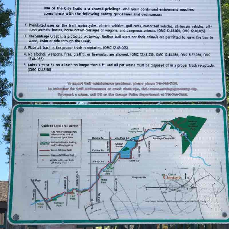 Santiago creek trail walking route map in Santa Ana
