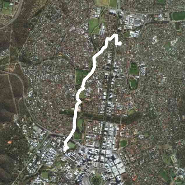 ANU Sports Union to Lowrie St Dickson via cycle track walking route map in Turner