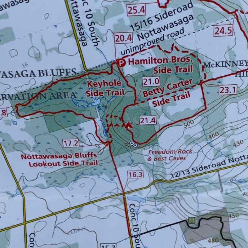 Nottawasaga Bluffs walking route map in Glen Huron