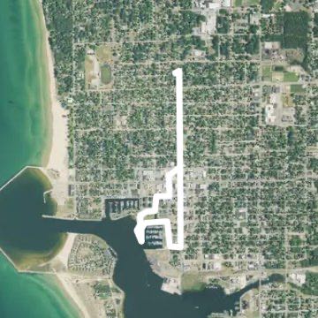 Ludington Downtown and Waterfront Park walking route map in Ludington